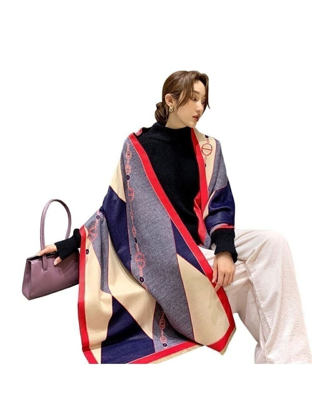 Red, Cream and Blue Fashion scarf - Picture 4 of 4